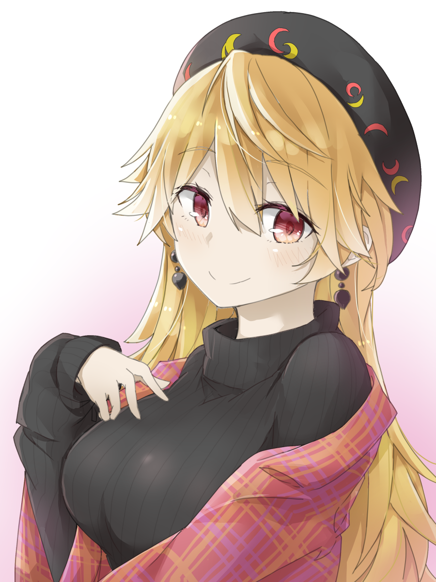 1girl alternate_costume black_headwear black_sweater blonde_hair breasts closed_mouth earrings gradient gradient_background hat highres jewelry junko_(touhou) large_breasts long_hair long_sleeves looking_at_viewer red_eyes shawl smile solo sweater touhou turtleneck turtleneck_sweater tyouseki upper_body