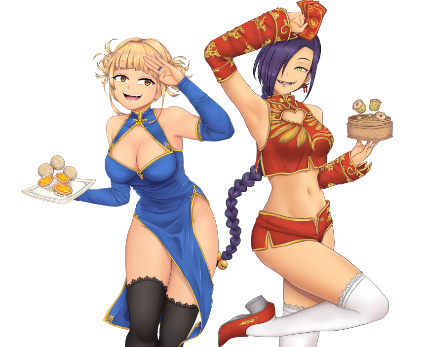 2girls arm_up black_legwear blonde_hair blue_dress boku_no_hero_academia breasts chikujouin_magane china_dress chinese_clothes cleavage_cutout clothing_cutout commentary crop_top detached_sleeves double_bun dress earrings food hair_over_one_eye half-closed_eye hand_up heart_cutout high_heels holding holding_plate jewelry large_breasts long_hair looking_at_viewer messy_hair multiple_girls navel open_mouth plate purple_hair re:creators red_footwear ring sharp_teeth simple_background sleeveless sleeveless_dress smile standing standing_on_one_leg stormzero teeth thigh-highs thighs toga_himiko trait_connection white_background white_legwear yellow_eyes