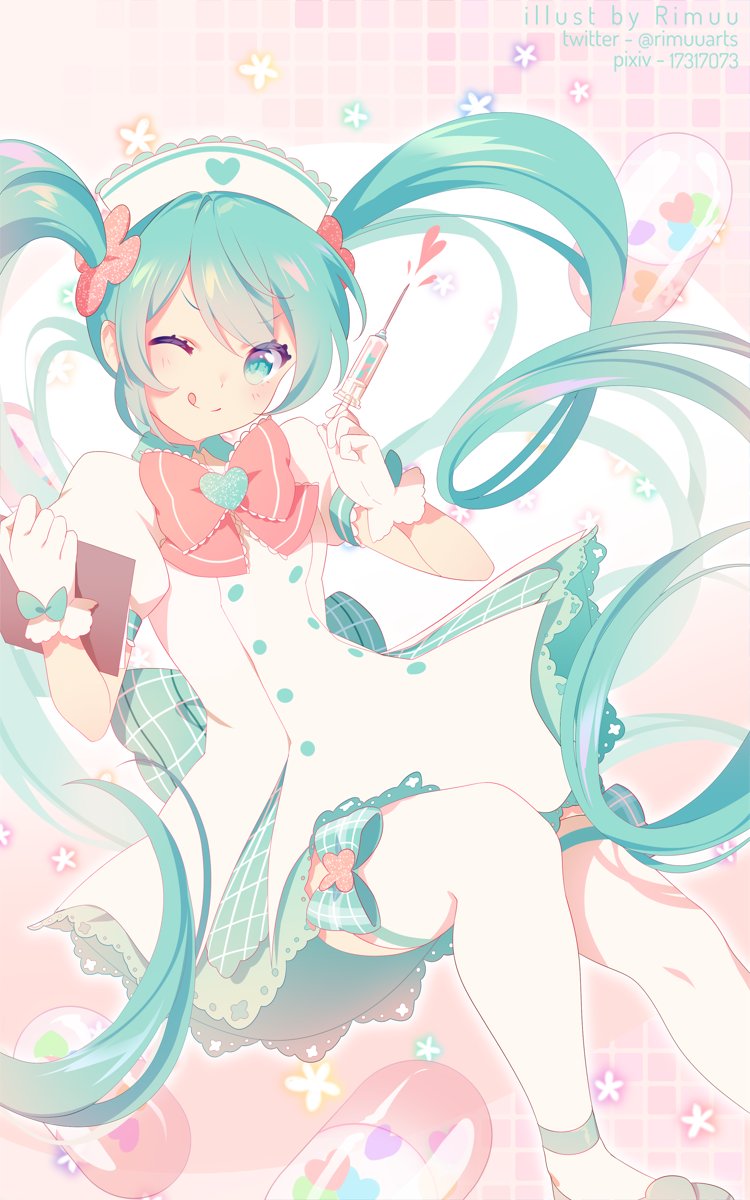 1girl ;q artist_name bangs blush clipboard closed_mouth commentary dress eyebrows_visible_through_hair feet_out_of_frame gloves green_eyes green_footwear green_hair hat hatsune_miku highres holding holding_syringe loafers long_hair looking_at_viewer nurse nurse_cap one_eye_closed pixiv_id puffy_short_sleeves puffy_sleeves rimuu shoes short_sleeves smile solo syringe thigh-highs tongue tongue_out twintails twitter_username v-shaped_eyebrows very_long_hair vocaloid white_dress white_gloves white_headwear white_legwear