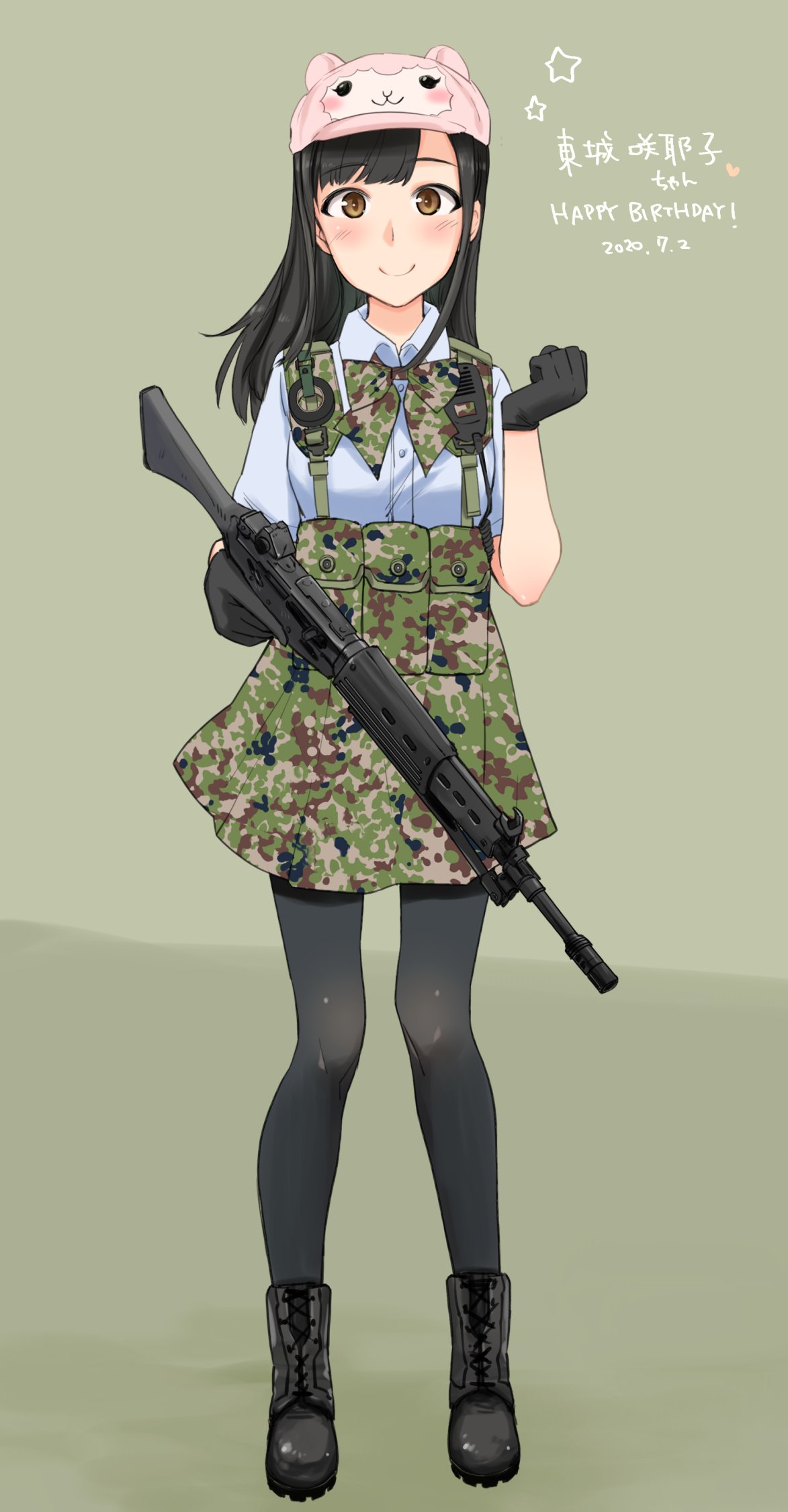 1girl aohashi_ame assault_rifle bangs black_footwear black_gloves black_hair black_legwear blue_shirt blunt_bangs blush boots bow bowtie brown_eyes camouflage camouflage_neckwear camouflage_skirt character_name clenched_hand closed_mouth commentary_request cosplay cross-laced_footwear dress_shirt flat_cap gloves green_neckwear green_skirt gun happy_new_year harness hat highres holding holding_gun holding_weapon little_armory looking_at_viewer new_year pantyhose pleated_skirt radio real_life rifle seiyuu sheep_hat shirt short_sleeves skirt smile solo standing straight_hair toujou_sayako toyosaki_ena toyosaki_ena_(cosplay) weapon weapon_request wing_collar