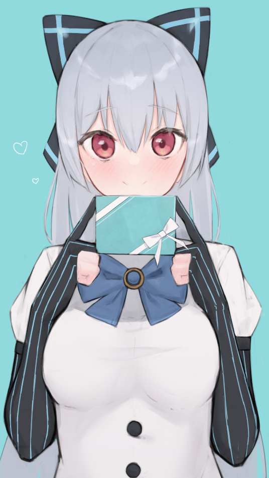 1girl bangs blush bow breasts girls_frontline gloves hair_bow hiepita97 long_hair medium_breasts partially_fingerless_gloves pinstripe_pattern red_eyes ribbon silver_hair smile solo striped tokarev_(girls_frontline) very_long_hair