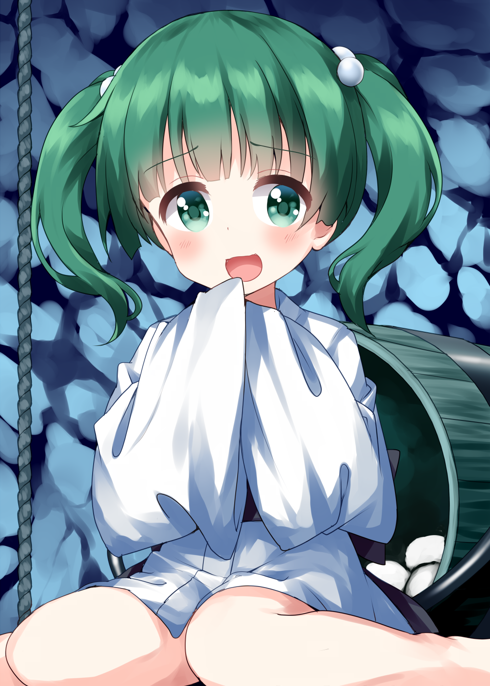 1girl bangs barefoot blunt_bangs bucket eyebrows_visible_through_hair full_body green_eyes green_hair hair_bobbles hair_ornament highres indoors japanese_clothes kimono kisume long_sleeves looking_at_viewer medium_hair open_mouth rope ruu_(tksymkw) sitting sleeves_past_fingers sleeves_past_wrists smile solo stone_wall touhou twintails wall white_kimono wide_sleeves wooden_bucket yokozuwari