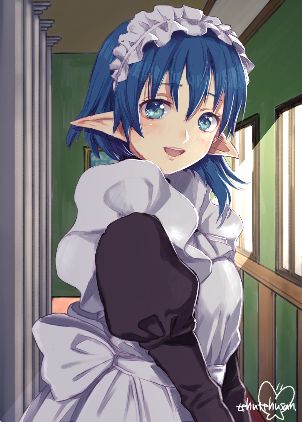 1girl apron blue_eyes blue_hair breasts highres looking_at_viewer maid maid_headdress medium_hair murata_tefu open_mouth pointy_ears rena_lanford smile solo star_ocean star_ocean_the_second_story