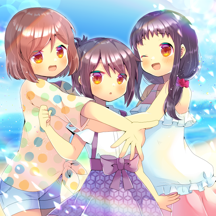 3girls :d :o ;d a_channel bangs bare_arms bare_shoulders black_hair blue_shorts blue_sky blush brown_hair collared_shirt commentary_request day dress_shirt eyebrows_visible_through_hair hair_between_eyes hair_ornament hair_scrunchie ichii_tooru imai_yutaka kouu_hiyoyo long_hair multiple_girls noyama_miho one_eye_closed open_mouth outdoors parted_lips pink_skirt pleated_skirt polka_dot polka_dot_shirt purple_skirt red_eyes red_scrunchie scrunchie shirt short_shorts short_sleeves shorts skirt sky sleeveless sleeveless_shirt smile tied_shirt unmoving_pattern white_shirt