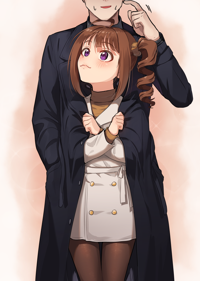 1boy 1girl brown_hair closed_mouth clothes_pull coat cowboy_shot crossed_arms double-breasted drill_hair drill_ponytail head_out_of_frame idolmaster idolmaster_million_live! idolmaster_million_live!_theater_days kamille_(vcx68) looking_up medium_hair pantyhose ponytail scratching_cheek scrunchie side_ponytail sidelocks simple_background thigh_gap trench_coat turtleneck violet_eyes yokoyama_nao