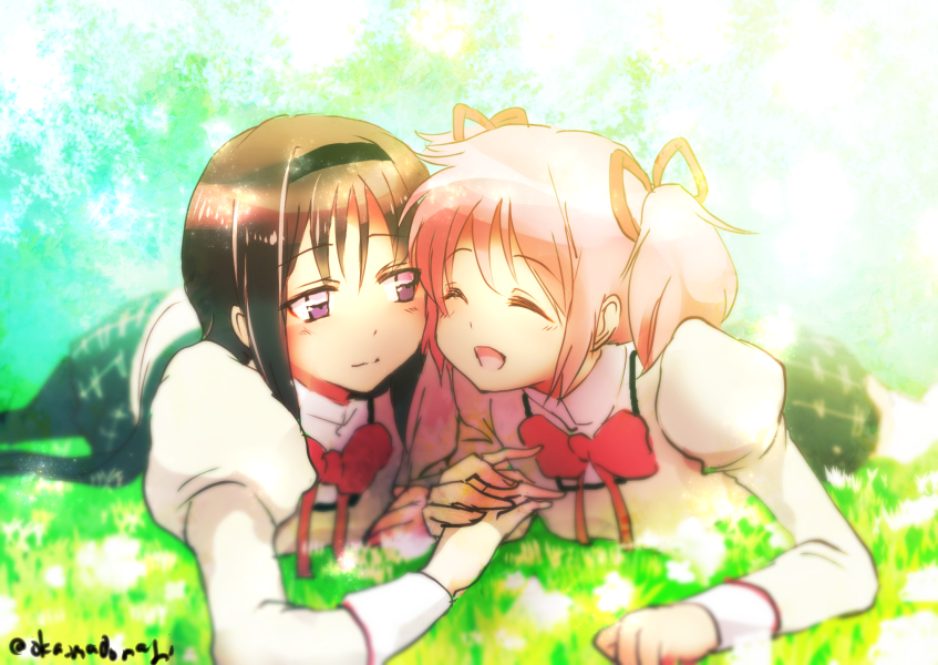 2girls ^_^ akemi_homura arm_support black_hair black_hairband black_legwear black_skirt blurry blurry_background cheek-to-cheek clenched_hand closed_eyes closed_mouth depth_of_field dot_nose eyebrows_visible_through_hair facing_viewer field flat_chest flower flower_field garden grass hair_ribbon hairband happy high_collar holding_hands juliet_sleeves kaname_madoka laughing light_blush light_particles light_rays light_smile long_sleeves looking_at_another looking_to_the_side lying mahou_shoujo_madoka_magica mitakihara_school_uniform multiple_girls neck_ribbon oka_(umanihiki) on_stomach open_mouth outdoors pink_hair plaid plaid_skirt puffy_sleeves red_ribbon ribbon school_uniform skirt sunlight tareme twintails twitter_username uniform violet_eyes white_flower white_legwear yuri