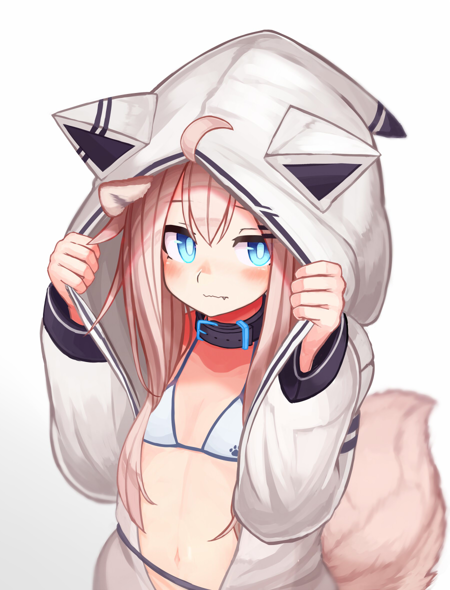 1girl animal_collar animal_ear_fluff animal_ears animal_hood blue_eyes bra collar fang fang_out flat_chest hood hood_up hoodie light_brown_hair long_hair long_sleeves looking_at_viewer naked_hoodie open_clothes open_hoodie original reitou_mikan tail underwear wavy_mouth