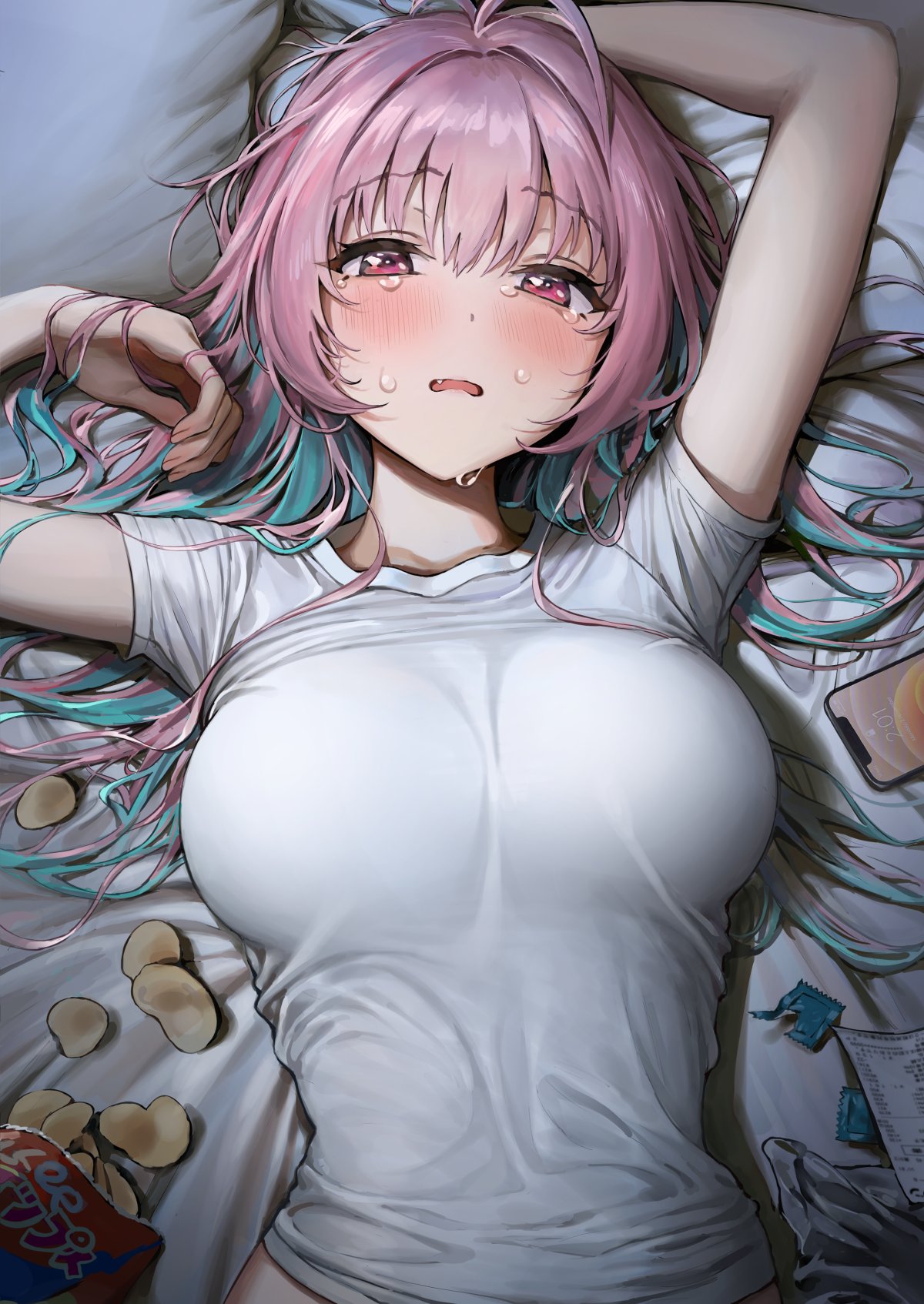 1girl ameyame blush breasts candy_wrapper cellphone chips eyebrows_visible_through_hair fang food green_hair hair_down highres idolmaster idolmaster_cinderella_girls large_breasts long_hair lying on_back open_mouth phone pillow pink_hair potato_chips receipt red_eyes shirt smartphone solo tears wavy_eyebrows white_shirt yumemi_riamu