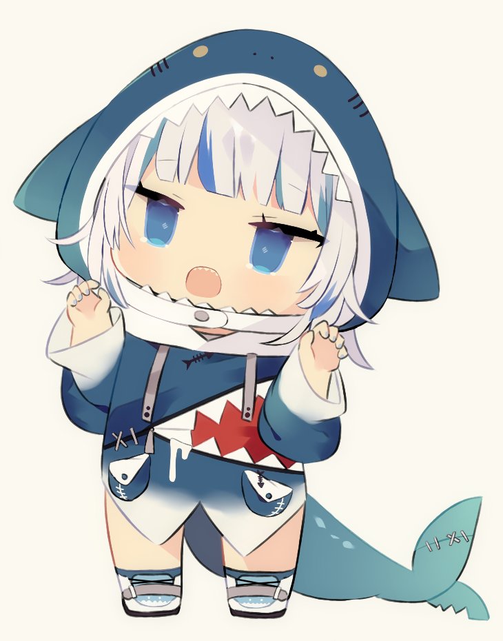 1girl animal_hood bangs beige_background blue_eyes blue_hair blunt_bangs chibi claw_pose eyebrows_visible_through_hair fish_tail gawr_gura hololive hololive_english hood looking_up mimo_lm multicolored_hair open_mouth scar shark_hood shark_tail sharp_teeth silver_hair solo standing streaked_hair tail teeth virtual_youtuber