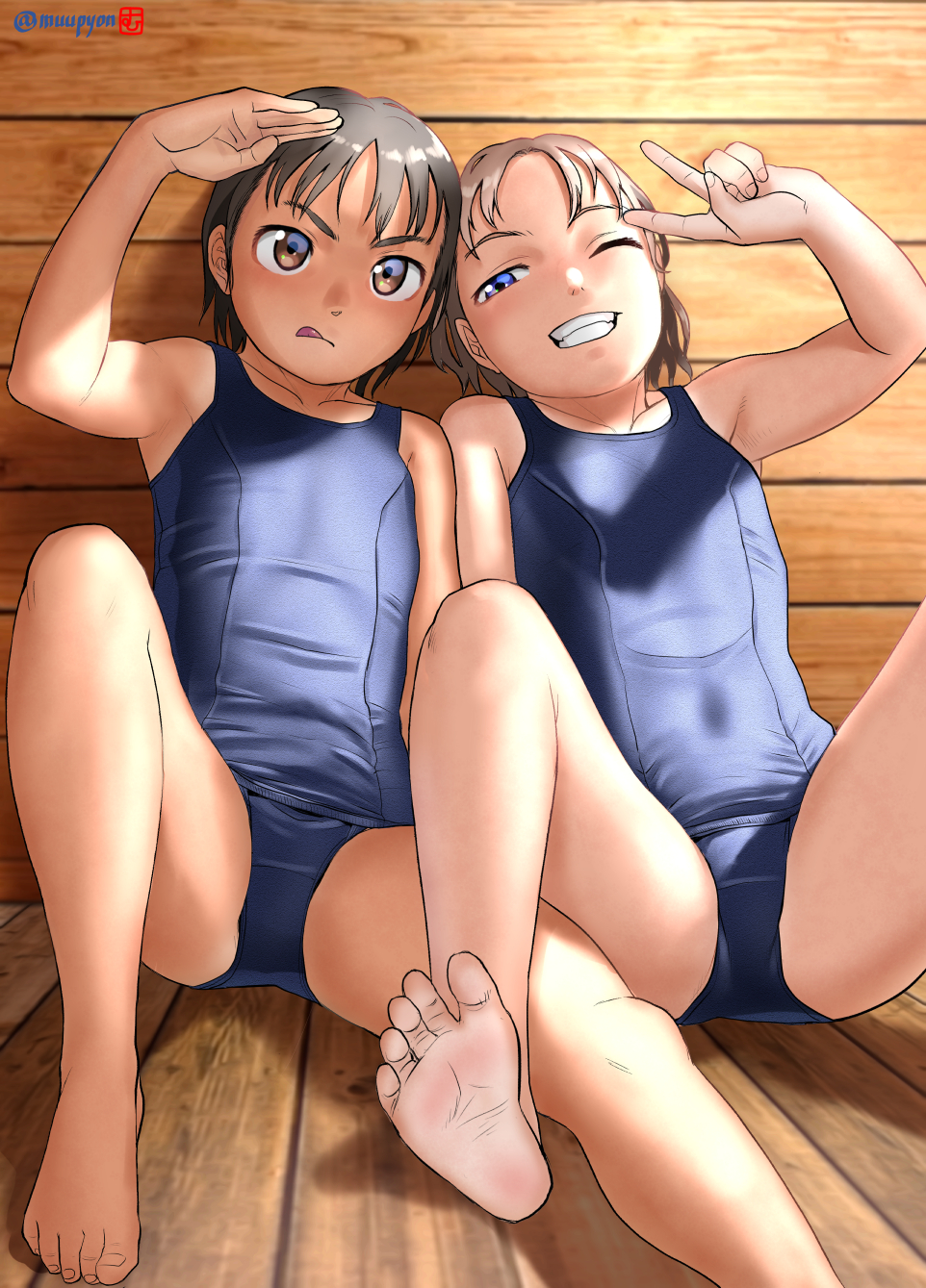 2girls barefoot black_hair blue_eyes blue_swimsuit breasts brown_eyes brown_hair commentary_request covered_navel flat_chest grin highres looking_at_viewer mu-pyon multiple_girls one_eye_closed original school_swimsuit shading_eyes short_hair sitting small_breasts smile soles swimsuit tan tanline toes tongue tongue_out v wooden_floor wooden_wall