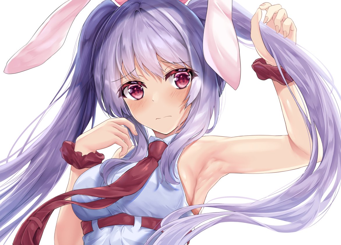 1girl alternate_hairstyle animal_ears armpits blush kerotsupii_deisuku long_hair necktie purple_hair rabbit_ears red_eyes reisen_udongein_inaba touhou twintails_day upper_body very_long_hair wrist_cuffs