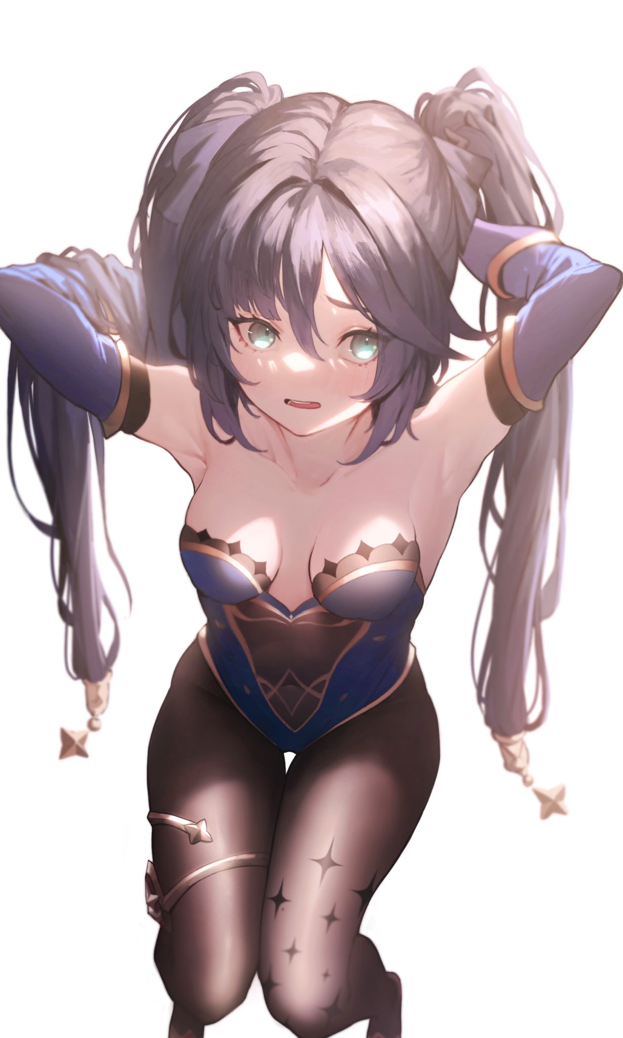 1girl adjusting_hair armpits arms_up bangs black_hair black_ribbon blue_leotard blurry blush bodystocking breasts breasts_apart collarbone commentary_request covered_navel depth_of_field detached_sleeves genshin_impact hair_between_eyes hair_ribbon heoningu highres leotard long_hair looking_away medium_breasts mona_(genshin_impact) open_mouth ribbon simple_background solo star_(symbol) thigh_gap white_background