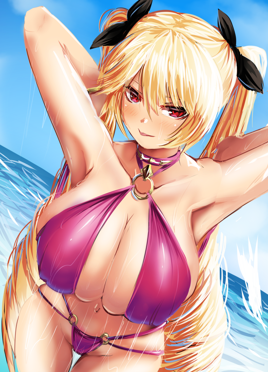 1girl alternate_costume artist_request azur_lane black_ribbon blonde_hair blue_sky breasts covered_nipples dutch_angle hair_between_eyes hair_ribbon hands_in_hair highres huge_breasts leaning_forward long_hair navel nelson_(azur_lane) o-ring o-ring_bikini ribbon sky solo swimsuit swimwear twintails very_long_hair water