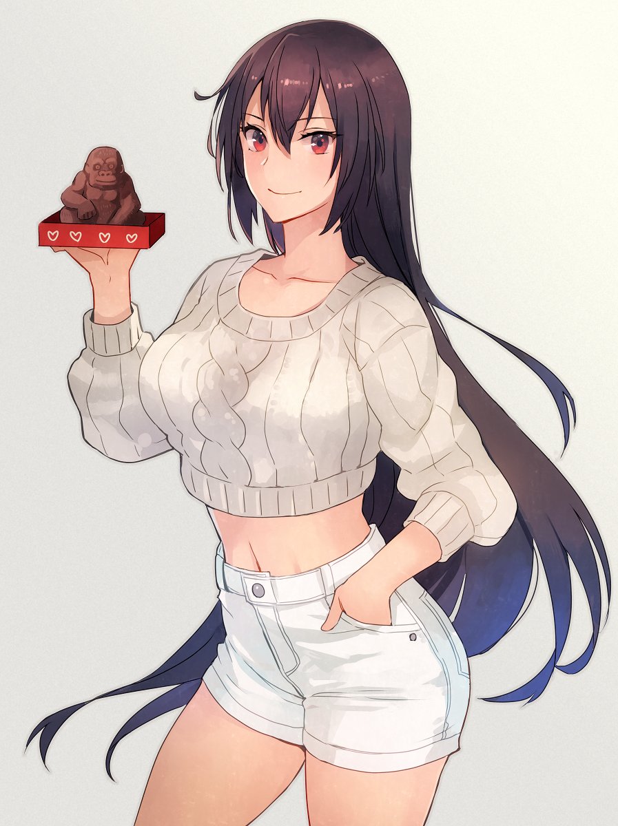 1girl alternate_costume aran_sweater black_hair breasts chocolate closed_mouth collarbone cowboy_shot cropped_sweater food gorilla grey_background hair_between_eyes hand_in_pocket highres holding holding_chocolate holding_food kantai_collection kasumi_(skchkko) large_breasts long_hair long_sleeves nagato_(kancolle) navel red_eyes shorts simple_background smile solo standing sweater white_shorts white_sweater