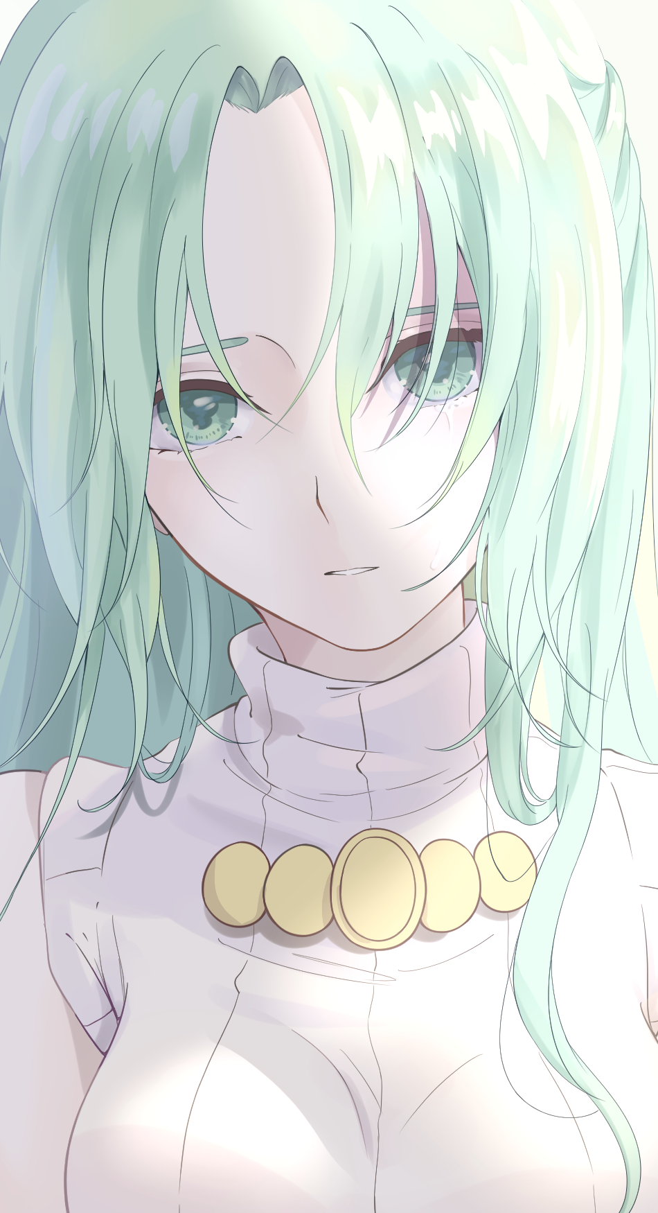 1girl bangs commentary face green_eyes green_hair highres higurashi_no_naku_koro_ni long_hair looking_at_viewer parted_bangs parted_lips portrait sleeveless sleeveless_sweater sleeveless_turtleneck solo sonozaki_shion sweater tears turtleneck upper_body white_sweater yongyue46