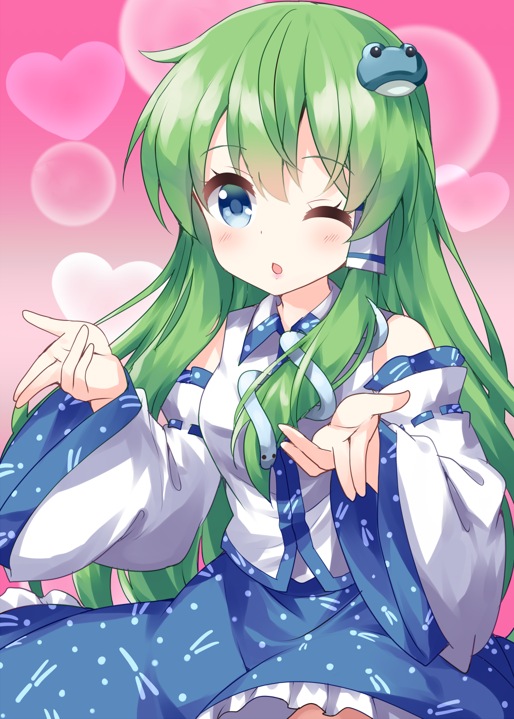 1girl bangs bare_shoulders blue_eyes blue_skirt blush breasts chestnut_mouth collared_shirt cowboy_shot detached_sleeves dress eyebrows_visible_through_hair frilled_skirt frills frog_hair_ornament gradient gradient_background green_hair hair_between_eyes hair_ornament hair_tubes heart highres kochiya_sanae long_hair looking_at_viewer medium_breasts nontraditional_miko one_eye_closed patterned_clothing pink_background ruu_(tksymkw) shirt sidelocks simple_background skirt small_breasts snake_hair_ornament solo standing touhou white_shirt