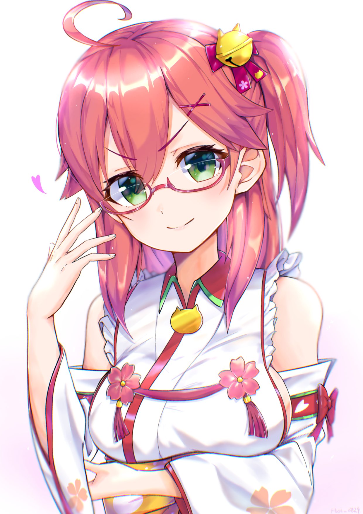 1girl adjusting_eyewear ahoge bare_shoulders bell breasts cherry_blossom_print detached_sleeves floral_print glasses green_eyes hair_bell hair_ornament highres hololive hosi_0729 looking_at_viewer pink_hair sakura_miko semi-rimless_eyewear sideboob solo v-shaped_eyebrows virtual_youtuber