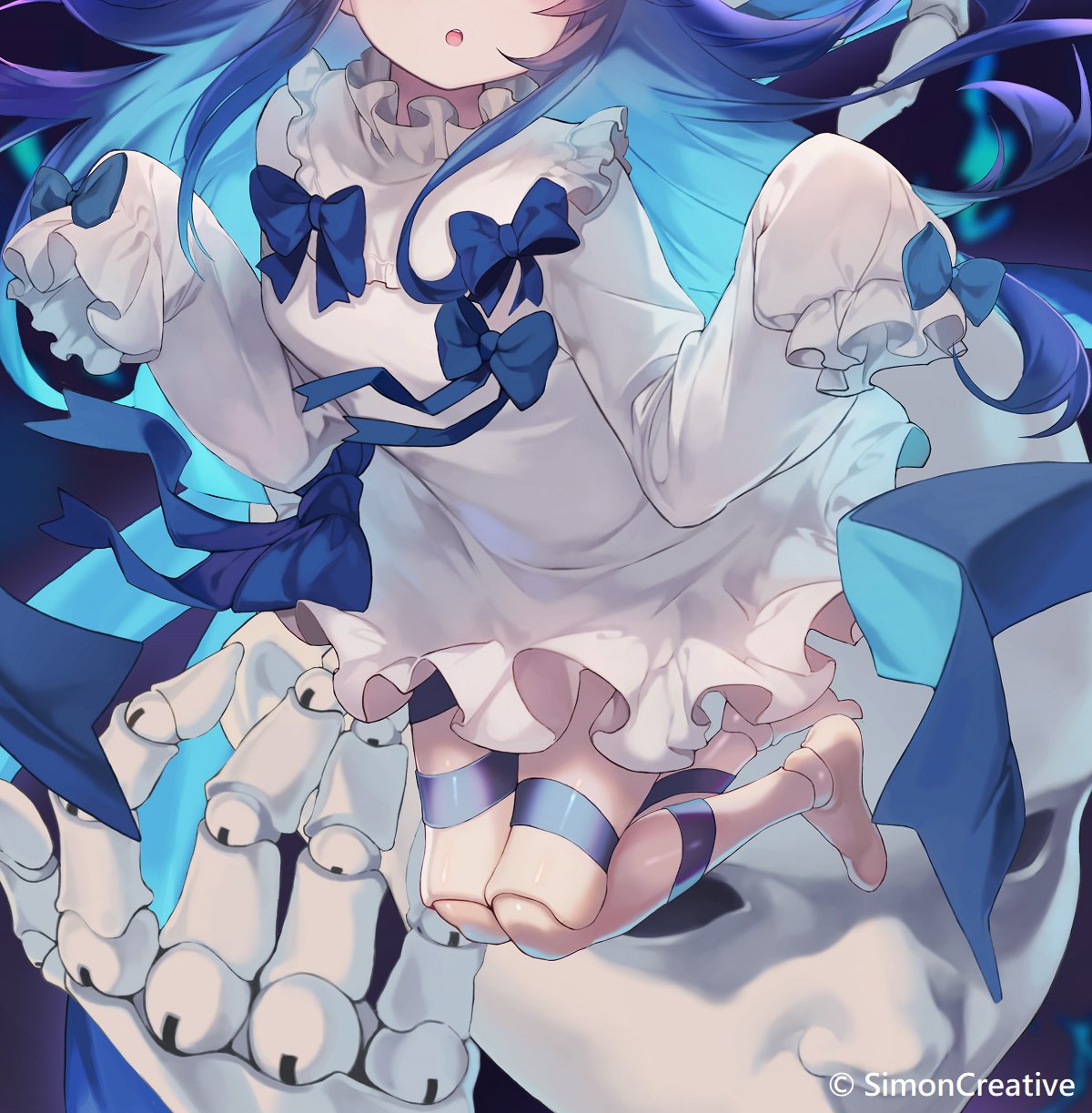 1girl 1other arms_up barefoot black_hair bow commentary_request doll doll_joints dress head_out_of_frame highres joints leg_ribbon legs_up linmiu_(smilemiku) little_witch_nobeta long_hair official_art open_mouth ribbon short_dress sleeves_past_wrists tania_(little_witch_nobeta) white_dress
