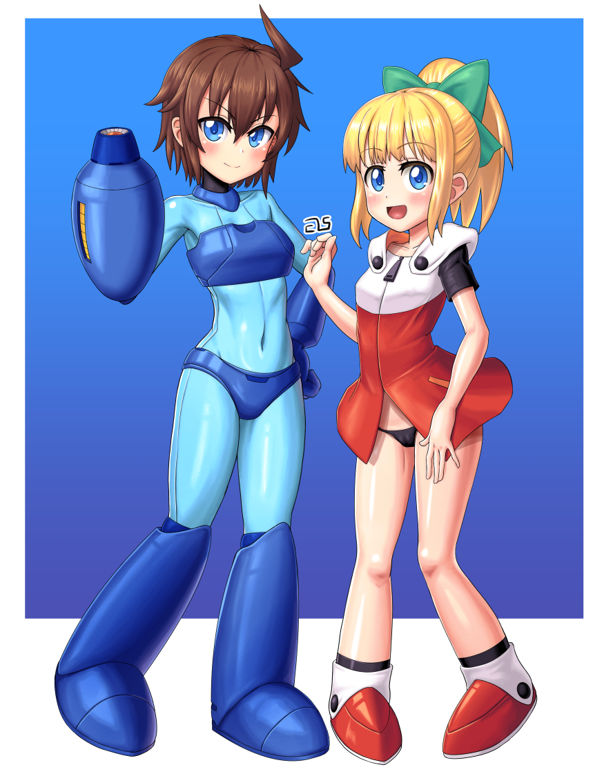 2girls :d ahoge ankle_boots arm_cannon armored_boots artist_name bangs bikini black_panties blonde_hair blue_background blue_bikini blue_bodysuit blue_eyes blue_flower blush bodysuit boots breasts brown_hair closed_mouth collarbone commentary_request covered_collarbone covered_navel dress els_(ljhlee12) eyebrows_visible_through_hair flower full_body genderswap genderswap_(mtf) green_ribbon hair_between_eyes hair_ribbon hand_on_hip hand_up long_hair looking_at_viewer multiple_girls no_headwear no_helmet open_mouth panties ponytail red_dress red_footwear ribbon rockman rockman_(character) rockman_(classic) roll_(rockman) short_hair short_sleeves sidelocks simple_background small_breasts smile standing strapless swimsuit tubetop underwear weapon