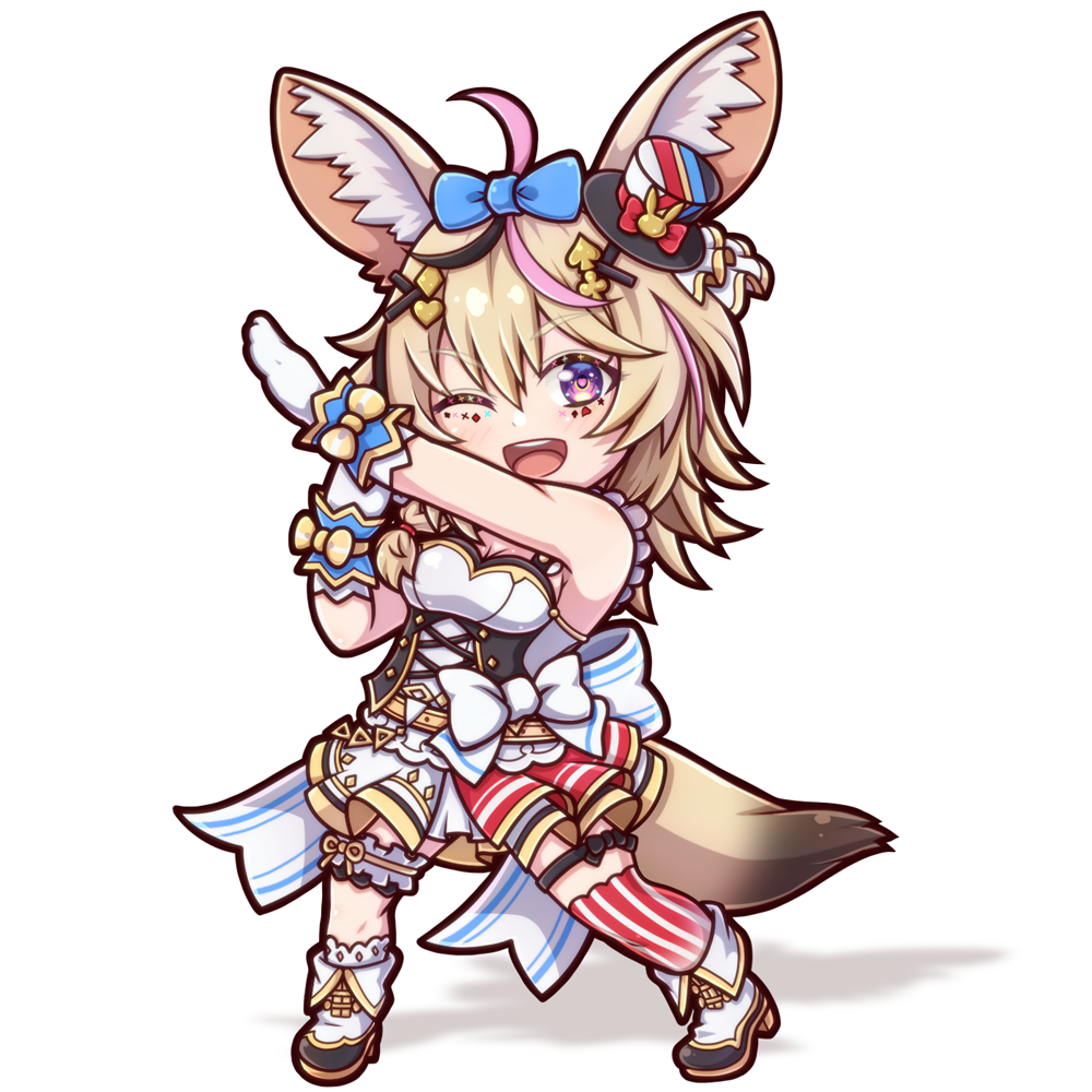 1girl :d ahoge animal_ears asymmetrical_legwear bare_arms blonde_hair breasts chibi facial_mark fennec_fox fox_ears fox_girl frilled_straps frills fur_trim gloves hat heart heart_in_eye hololive idol idol_clothes layered_skirt looking_at_viewer medium_breasts miloku mini_hat mini_top_hat miniskirt nonstop_story omaru_polka open_mouth playing_card_theme pose simple_background skirt skirt_set sleeveless smile solo symbol_in_eye thigh-highs tilted_headwear top_hat underbust upper_teeth violet_eyes virtual_youtuber white_background white_gloves