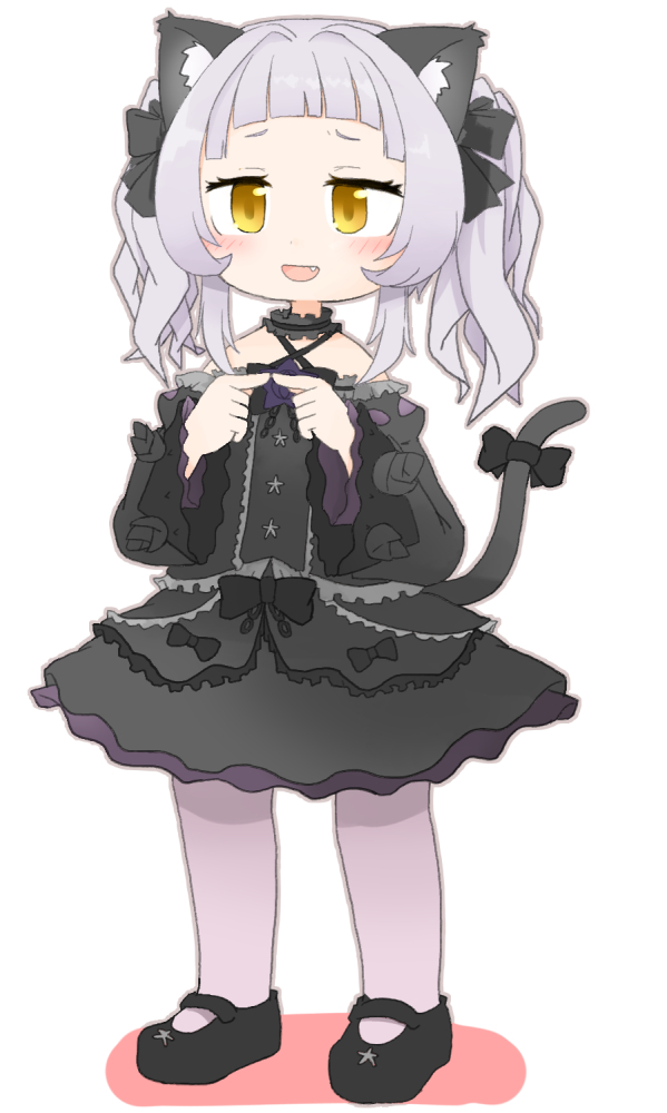 1girl :d animal_ears bangs black_dress black_sleeves blunt_bangs blush bow bowtie brooch cat_ears cat_girl cat_tail center_frills chibi choker criss-cross_halter detached_sleeves dress dress_bow embarrassed fang fidgeting frilled_choker frilled_dress frilled_ribbon frills full_body gothic_lolita hair_ribbon halter_dress halterneck hololive index_fingers_together jewelry juliet_sleeves layered_dress lolita_fashion long_hair long_sleeves looking_away mary_janes murasaki_shion nervous open_mouth pantyhose pinstripe_dress puffy_sleeves purple_legwear ribbon shoes short_dress short_eyebrows sidelocks silver_hair simple_background sleeveless sleeveless_dress smile solo star_(symbol) tail tail_bow tail_ornament tonton_(tonz159) twintails virtual_youtuber white_background wide_sleeves yellow_eyes