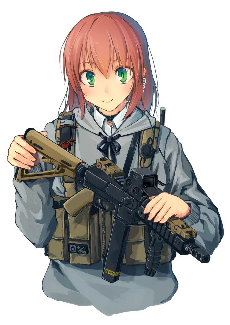 1girl brown_hair earpiece foregrip green_eyes gun holding holding_gun holding_weapon hood hoodie load_bearing_vest long_hair original rico_(remilia) solo submachine_gun upper_body weapon weapon_request white_background
