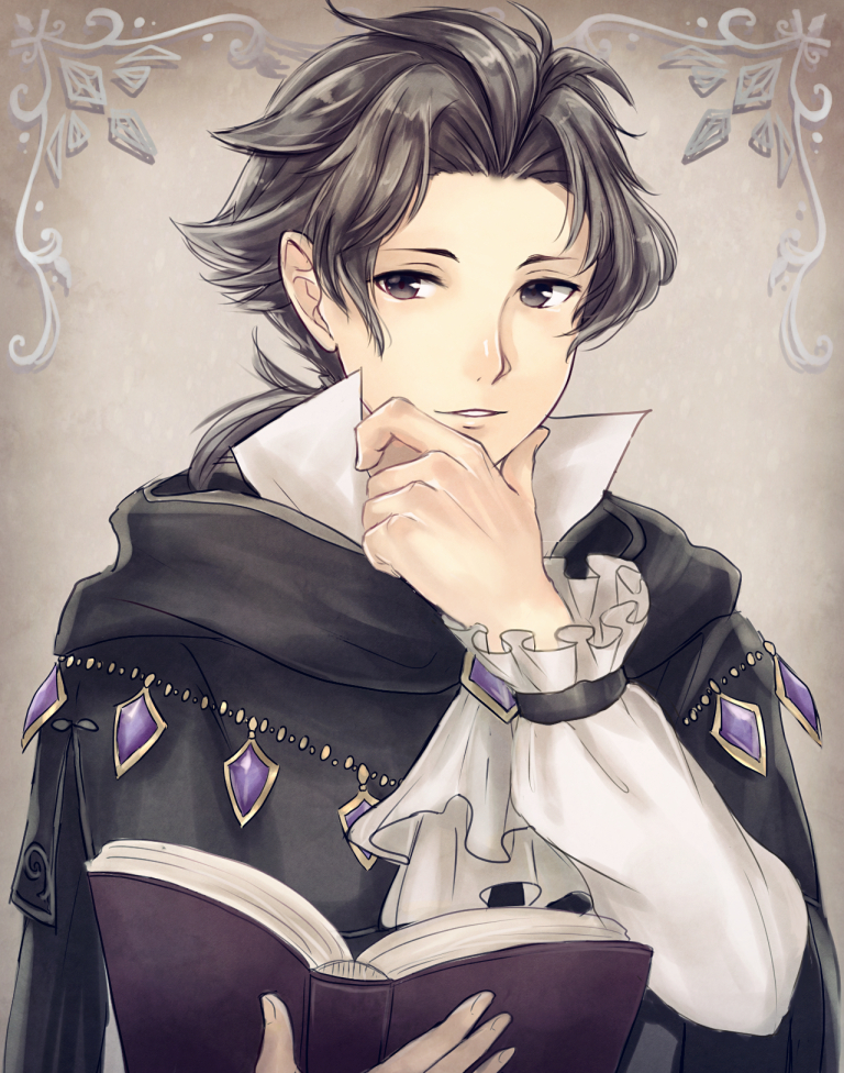 1boy bangs black_cloak book cloak cyrus_(octopath_traveler) frilled_sleeves frills hand_on_own_chin haru_(nakajou-28) holding holding_book long_hair male_focus octopath_traveler open_book parted_bangs parted_lips ponytail solo white_background