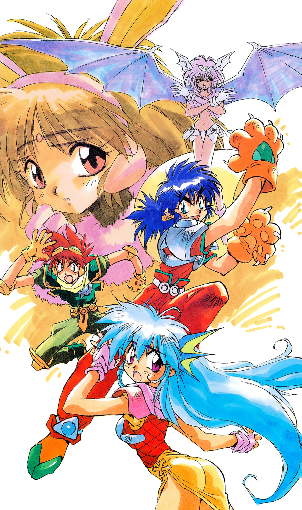 1990s_(style) 2boys 3girls :o animal_ears armor ass blue_eyes blue_hair brown_hair bud_mint c-seagull claws crossed_arms elbow_gloves eyebrows_visible_through_hair fingerless_gloves gloves head_wings highres ko_seiki_beast_sanjuushi light_blue_hair long_hair looking_at_viewer mei_mer multiple_boys multiple_girls navel official_art open_mouth pauldrons paw_gloves paws pink_gloves pink_hair rabbit_ears red_eyes redhead retro_artstyle shoulder_armor simple_background spread_wings thick_eyebrows violet_eyes wan_derbard white_background