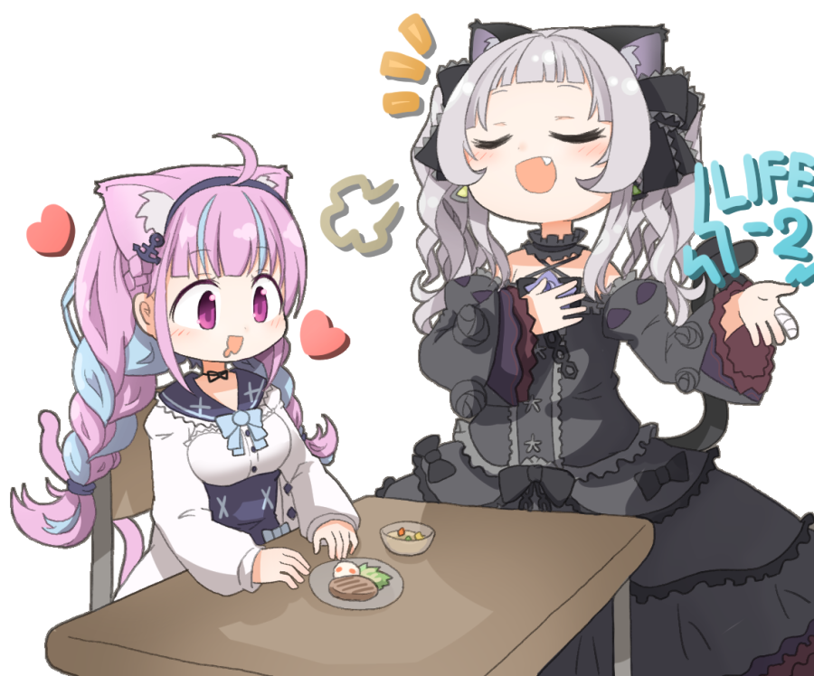 2girls animal_ear_fluff animal_ears black_dress blue_hair blush cat_ears cat_girl cat_tail dress fang food frilled_dress frills gothic_lolita heart hololive lolita_fashion minato_aqua mouth_drool multiple_girls murasaki_shion purple_hair silver_hair sitting smile tail tonton_(tonz159) virtual_youtuber