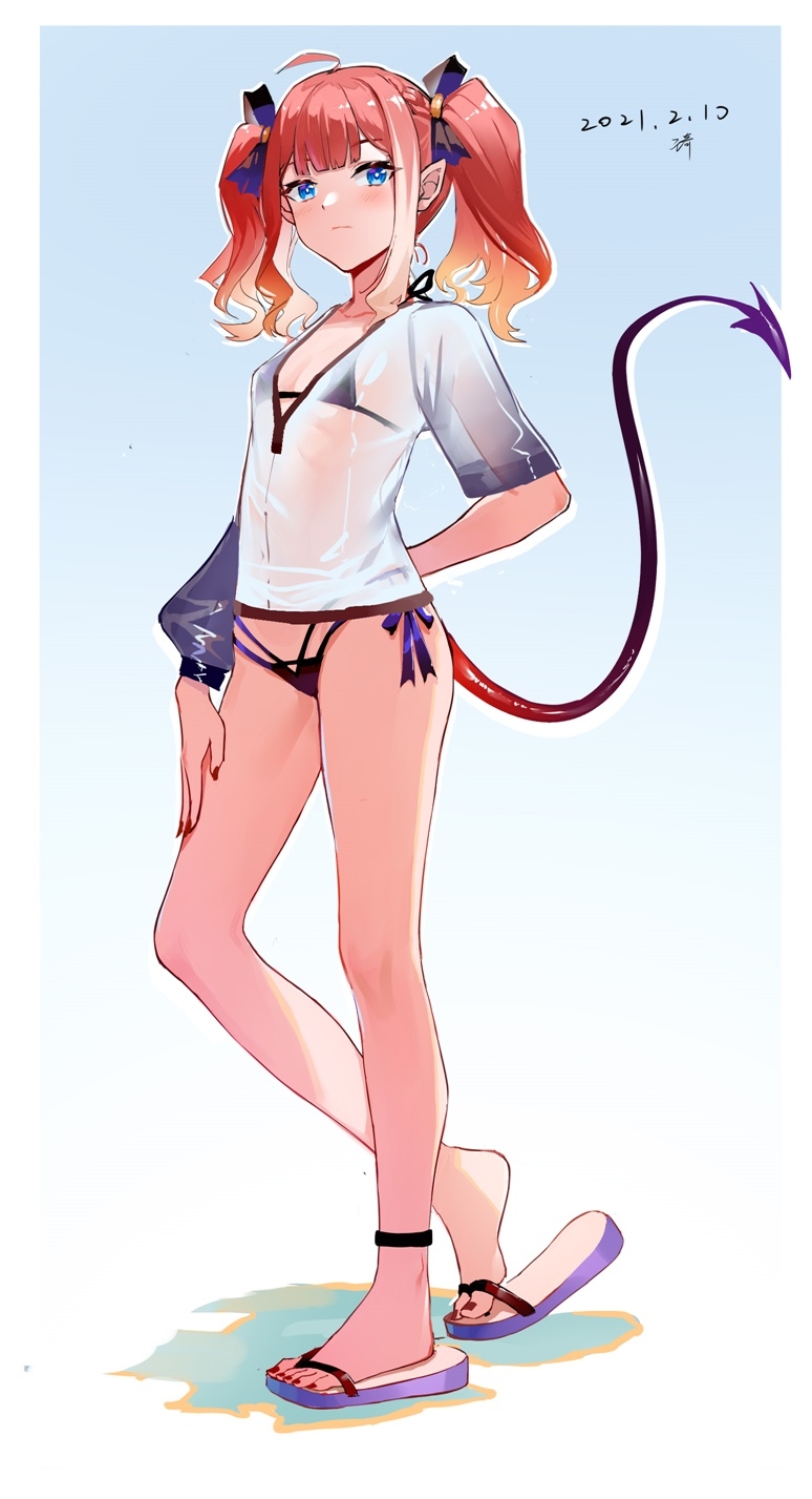 1girl bangs bare_arms bare_legs bare_shoulders bikini bikini_under_clothes black_bikini blue_eyes blush breasts closed_mouth collarbone commentary_request demon_girl demon_tail eyebrows_visible_through_hair flip-flops full_body hair_ornament hand_on_own_knee highres long_hair long_sleeves looking_at_viewer micro_bikini navel orange_hair original pointy_ears sandals see-through shirt short_sleeves side-tie_bikini small_breasts solo standing string_bikini swimsuit tail twintails wangqi white_shirt