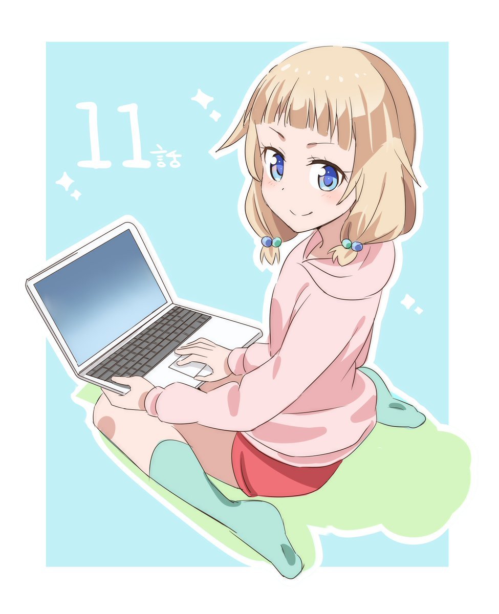 1girl bangs blonde_hair blue_background blue_eyes blunt_bangs blush border casual closed_mouth computer full_body green_legwear hair_bobbles hair_ornament highres hood hood_down hoodie kaaaaaappe kneehighs laptop looking_at_viewer looking_back multicolored_hair_bobbles new_game! no_shoes number outline pink_hoodie red_shorts sakura_nene short_hair shorts simple_background sitting smile solo sparkle wariza white_border white_outline