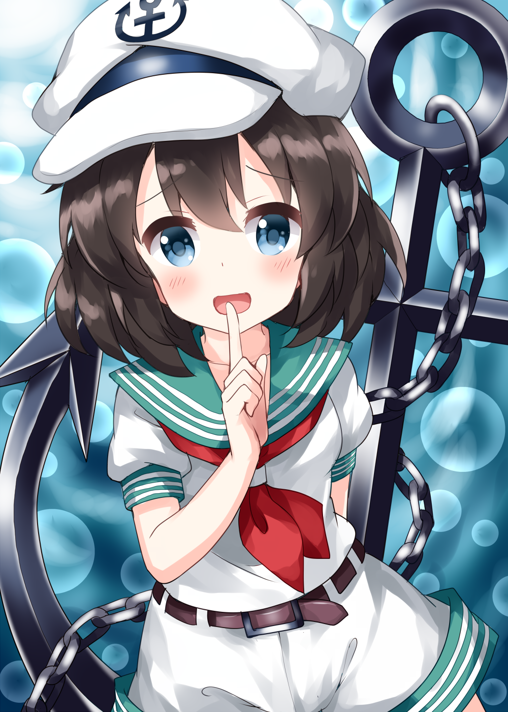 1girl anchor anchor_symbol bangs belt black_hair blue_background blue_eyes bubble_background chain cowboy_shot eyebrows_visible_through_hair finger_to_mouth hair_between_eyes hat highres index_finger_raised looking_at_viewer murasa_minamitsu open_mouth red_neckwear ruu_(tksymkw) sailor sailor_collar sailor_hat shirt short_hair short_sleeves shorts solo standing touhou white_headwear white_shirt white_shorts