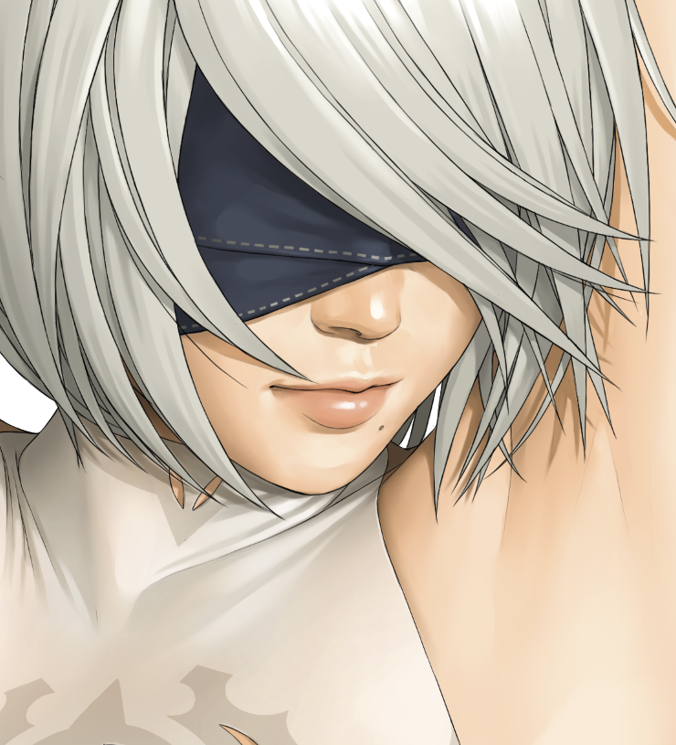 1girl arm_up closed_mouth covered_eyes eyepatch face light_smile lips mole mole_under_mouth nier_(series) nier_automata short_hair silver_hair solo watanabe_yasuaki yorha_no._2_type_b