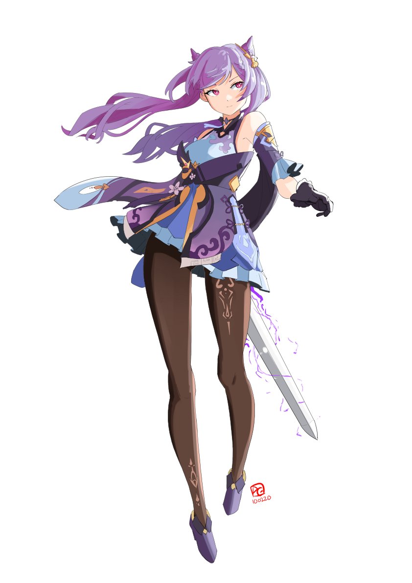 1girl automatic_giraffe black_gloves blue_dress dress electricity eyebrows_behind_hair floating_hair genshin_impact gloves hair_horns holstered_weapon keqing_(genshin_impact) long_hair looking_to_the_side looking_up open_hand pantyhose purple_hair solo sword twintails violet_eyes weapon white_background