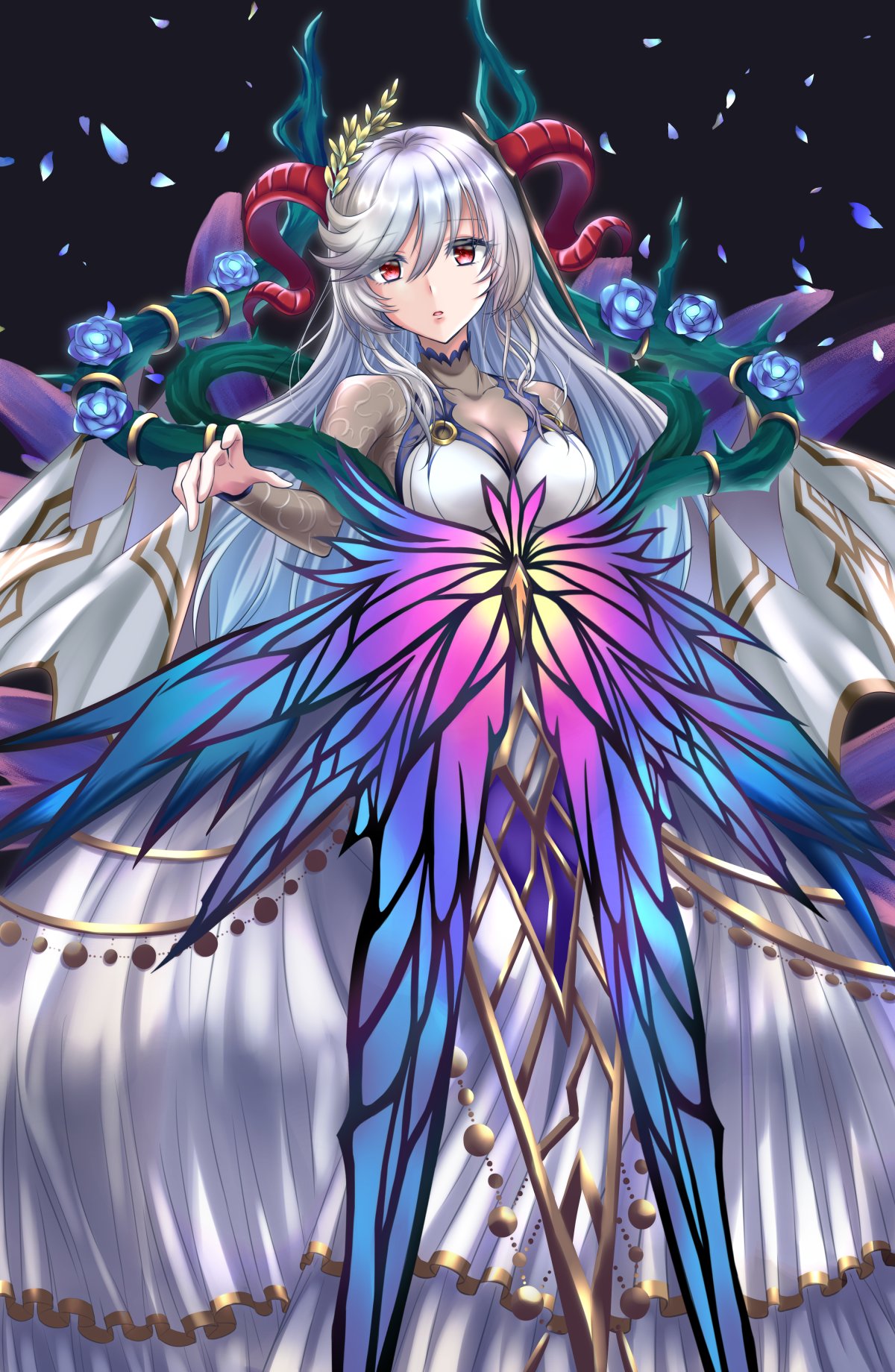 1girl black_background breasts commission dress fire_emblem fire_emblem_heroes flower full_body goat_horns head_tilt highres horns kakiko210 large_breasts looking_at_viewer open_mouth petals plant red_eyes silver_hair skeb_commission vines