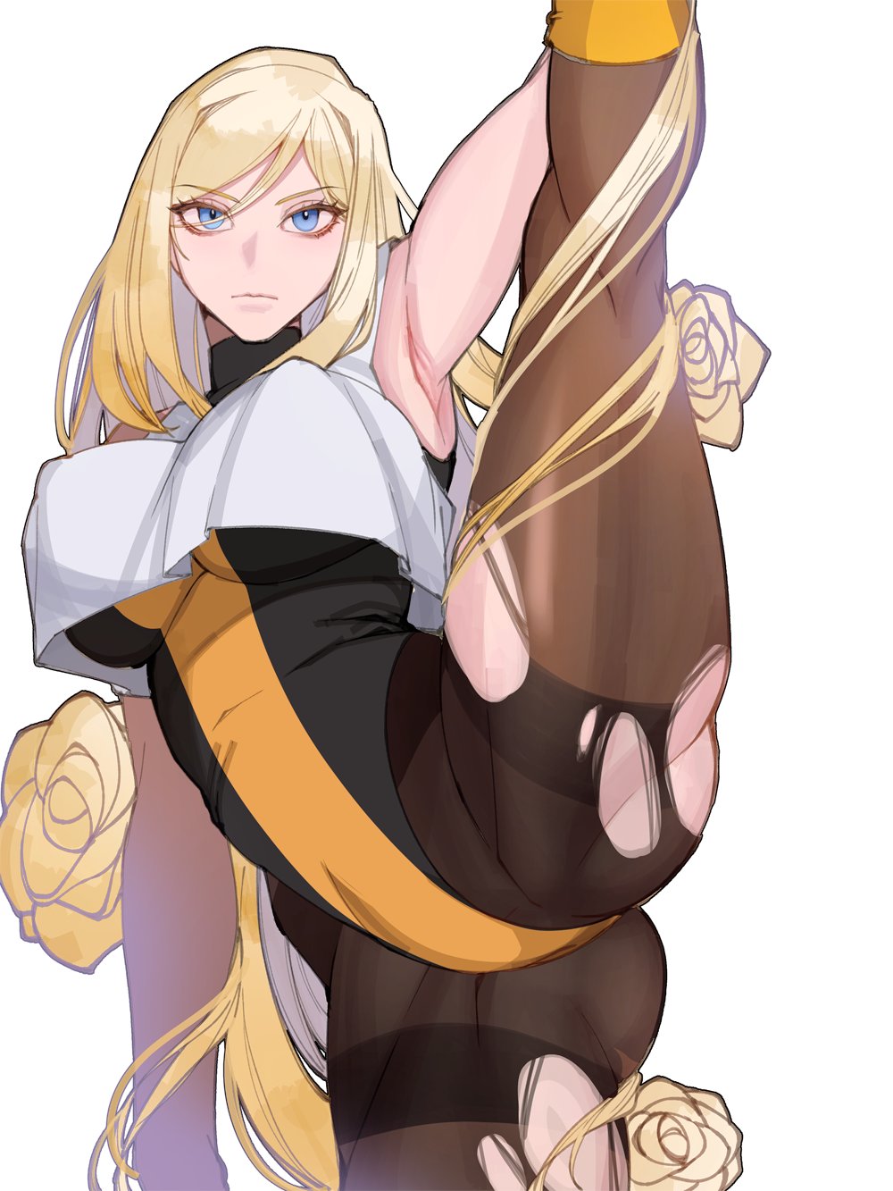 1girl arm_up armpits bangs bare_shoulders blonde_hair blue_eyes breasts closed_eyes covered_nipples eyebrows_visible_through_hair flower guilty_gear hair_between_eyes highres iuciferic kyou_(ningiou) large_breasts leg_up leggings long_hair millia_rage simple_background solo split standing standing_on_one_leg standing_split torn_clothes white_background