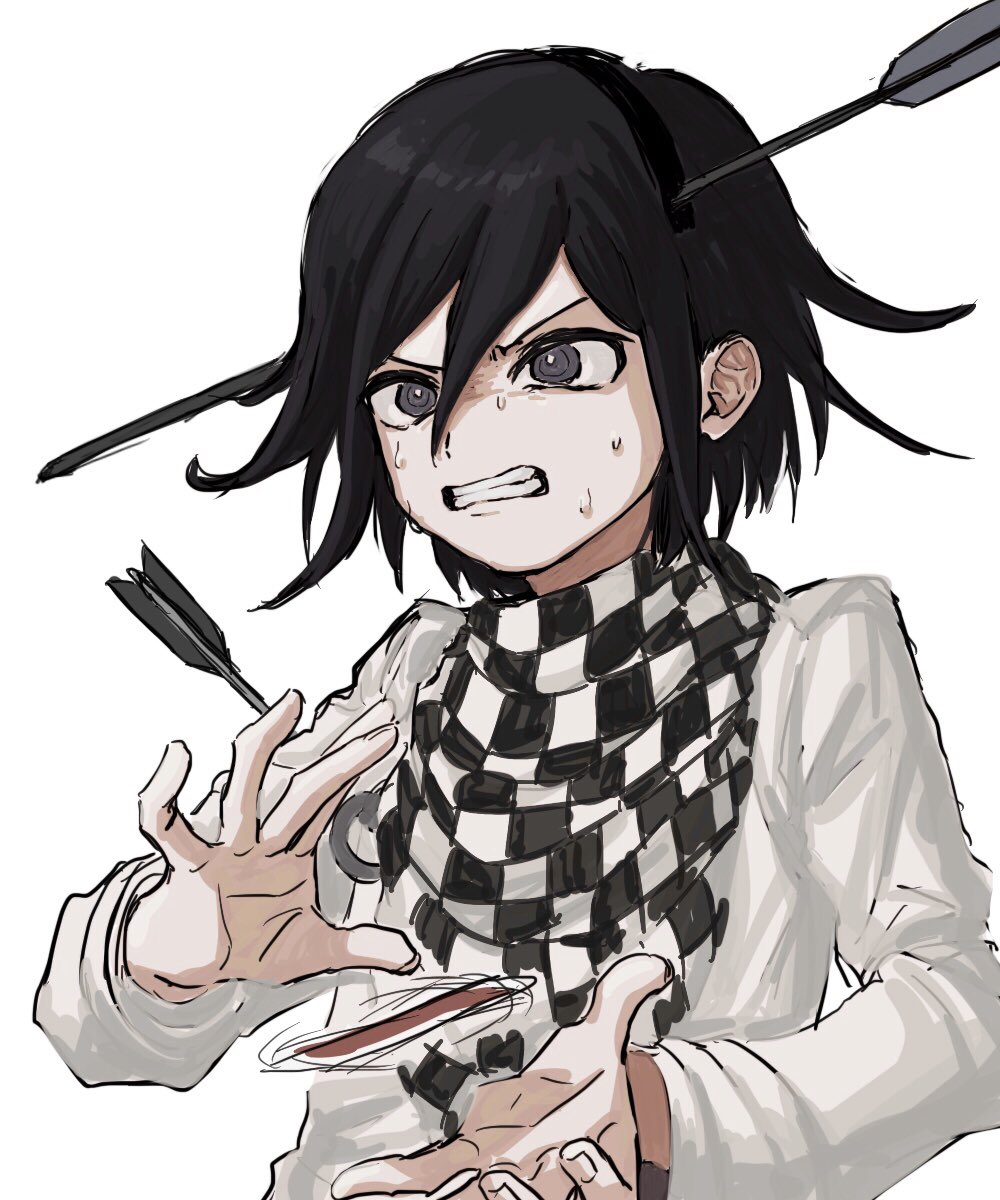 1boy arrow_(projectile) arrow_in_body arrow_in_head bangs black_eyes black_hair checkered checkered_scarf clenched_teeth dangan_ronpa_(series) dangan_ronpa_v3:_killing_harmony fake_arrow_headband hair_between_eyes hands_up highres jacket long_sleeves magic_trick male_focus ouma_kokichi renshu_usodayo scarf short_hair simple_background solo straitjacket teeth upper_body white_background white_jacket