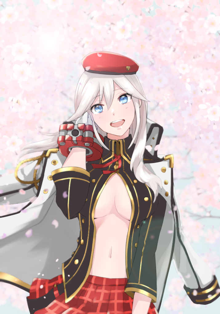 1girl :d aiguillette alisa_ilinichina_amiella bangs beret black_jacket blue_eyes blush breasts cherry_blossoms coat coat_on_shoulders collared_jacket commentary_request cowboy_shot eyebrows_visible_through_hair gloves god_eater god_eater_3 hair_between_eyes hand_in_hair hand_up hat jacket large_breasts long_hair long_sleeves looking_at_viewer navel neck_ribbon open_mouth partially_unbuttoned plaid plaid_skirt red_headwear red_neckwear red_skirt ribbon sidelocks silver_hair skirt smile solo stomach torayama_(mps2nd) tree twitter_username under_boob upper_teeth white_coat white_gloves