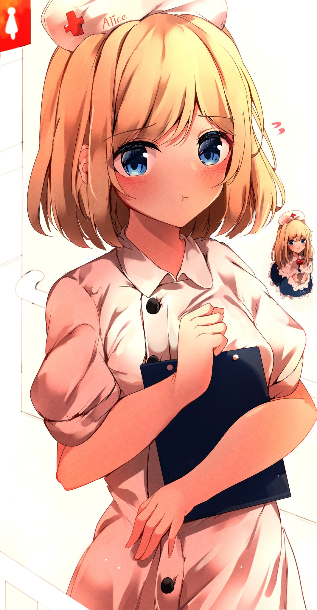 1girl alice_margatroid alternate_costume arm_up blonde_hair blue_eyes breasts buttons chibi chibi_inset clipboard dress eyebrows_visible_through_hair facing_viewer hat highres holding hunya looking_at_viewer medium_breasts nurse nurse_cap pout short_hair short_sleeves simple_background solo touhou upper_body white_background