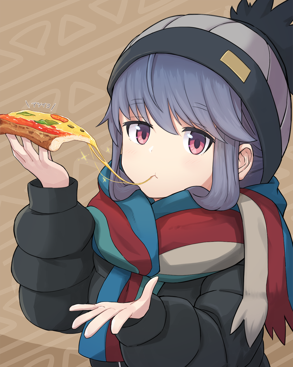 1girl :t arashishi bangs beanie black_jacket blue_hair blush brown_background cheese_trail closed_mouth commentary_request down_jacket eating eyebrows_visible_through_hair food fringe_trim grey_headwear hair_between_eyes hand_up hat highres holding holding_food jacket long_sleeves pizza pizza_slice puffy_long_sleeves puffy_sleeves red_eyes scarf shima_rin solo sparkle translated upper_body yurucamp