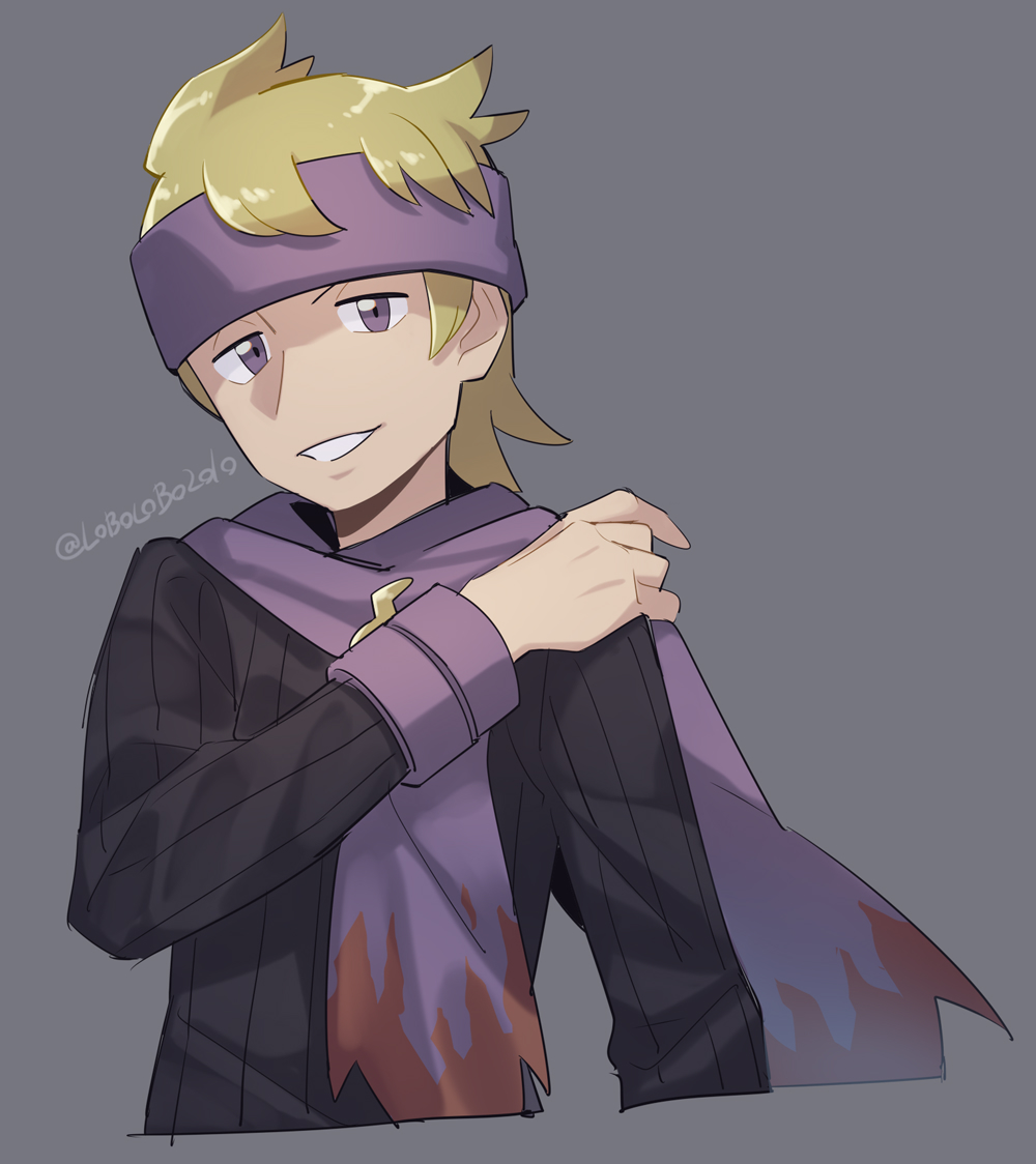 1boy artist_name black_sweater blonde_hair commentary_request grey_background gym_leader hand_on_own_shoulder hand_up looking_at_viewer male_focus momoji_(lobolobo2010) morty_(pokemon) pokemon pokemon_(game) pokemon_hgss purple_headband purple_scarf ribbed_sweater scarf simple_background sketch smile solo sweater upper_body violet_eyes