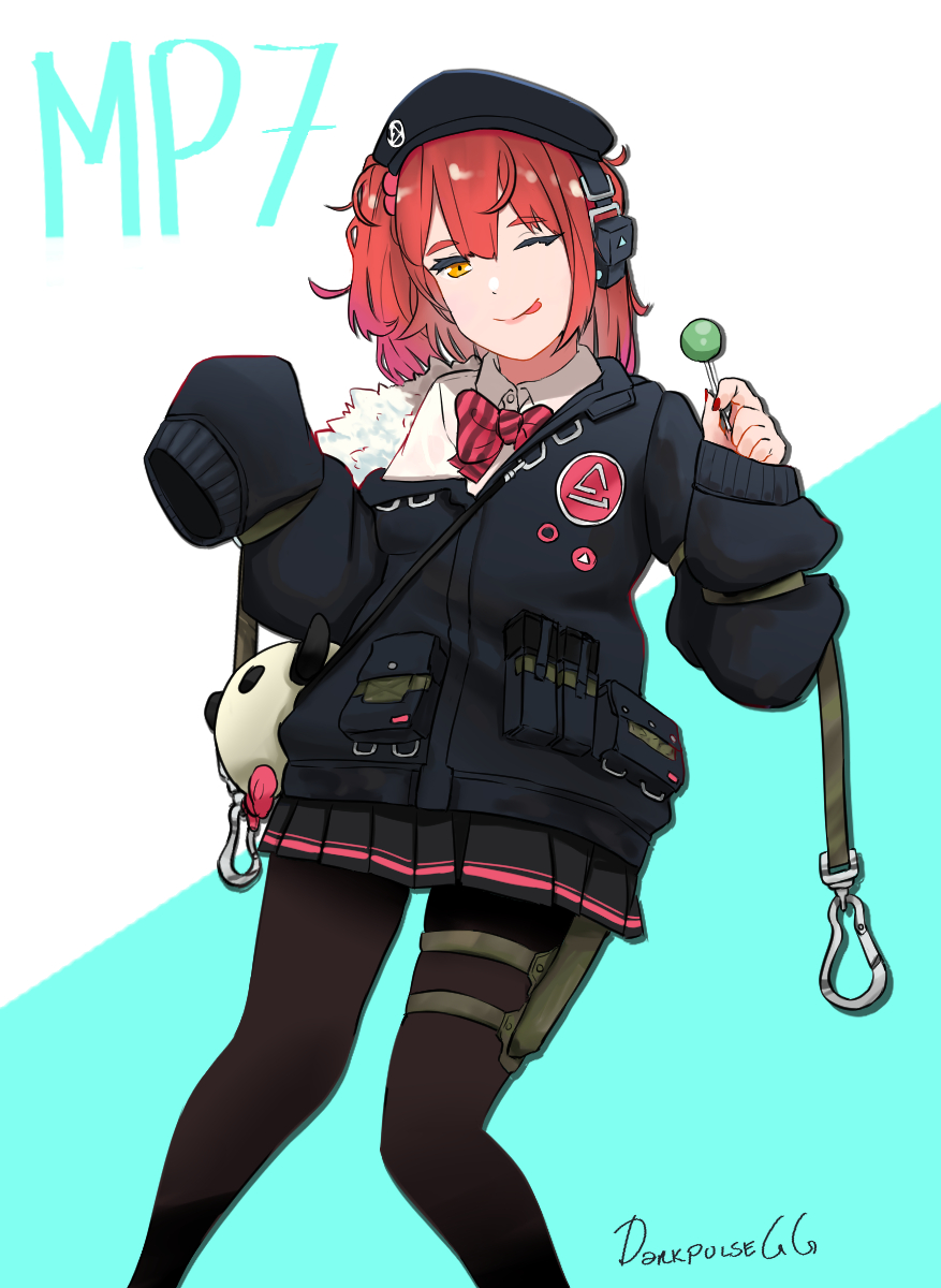 1girl artist_name beret black_jacket black_legwear black_skirt bow bowtie candy character_name darkpulsegg eyebrows_visible_through_hair food girls_frontline hat headphones highres holding holding_candy holding_food holding_lollipop holster jacket lollipop long_hair looking_at_viewer mp7_(girls_frontline) one_eye_closed pantyhose redhead shirt simple_background skirt solo tongue tongue_out white_shirt yellow_eyes