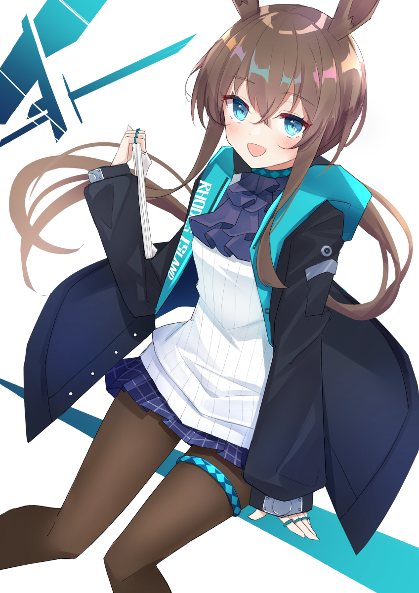 1girl :d amiya_(arknights) animal_ear_fluff animal_ears arknights bangs black_jacket blue_eyes blush breasts brown_hair brown_legwear commentary ecleil eyebrows_visible_through_hair feet_out_of_frame hair_between_eyes hand_up highres holding jacket jewelry knees_together_feet_apart long_hair long_sleeves looking_at_viewer open_clothes open_jacket open_mouth pantyhose pleated_skirt puffy_long_sleeves puffy_sleeves purple_neckwear purple_skirt rabbit_ears ring shirt skirt sleeves_past_wrists small_breasts smile solo very_long_hair white_shirt