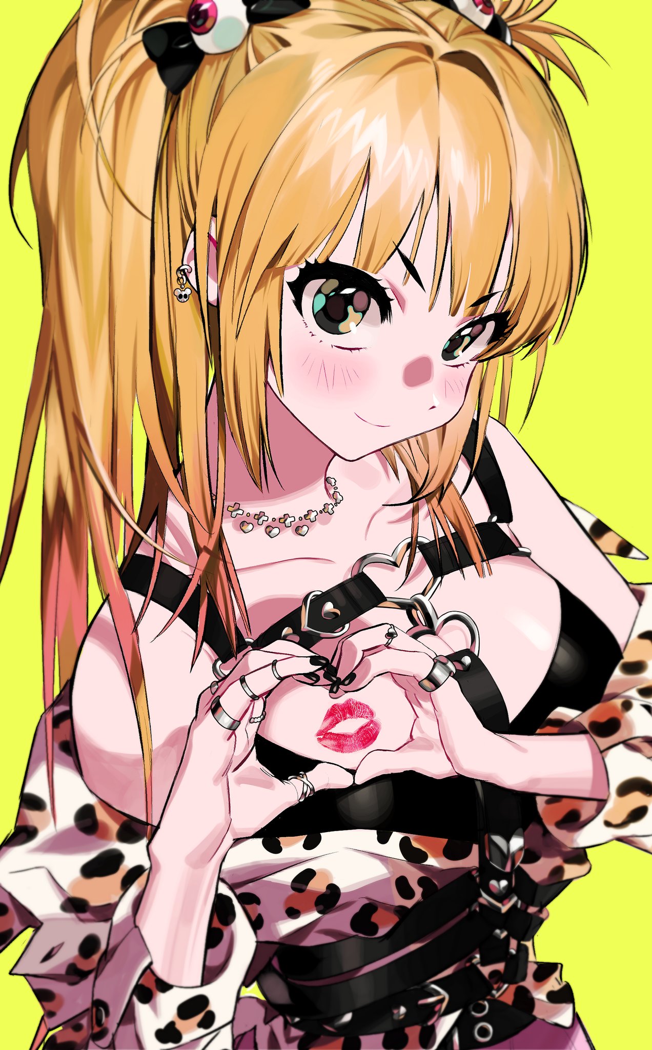 1girl 2pineapplepizza amane_misa animal_print bangs blonde_hair blush bow breasts cheetah_print death_note earrings eyeball hair_bow heart heart_hands highres jewelry korean_commentary large_breasts lipstick_mark long_hair looking_at_viewer multiple_rings necklace o-ring ring simple_background smile solo two_side_up upper_body yellow_background