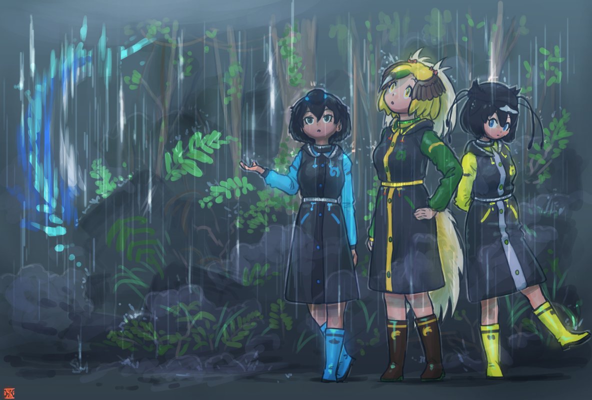 3girls adapted_costume black_coat black_hair blonde_hair blue_footwear blue_hair blue_sleeves boots bow brown_footwear brown_hair coat commentary_request drawstring greater_bird-of-paradise_(kemono_friends) greater_lophorina_(kemono_friends) green_hair green_sleeves hair_bow height_difference hood hood_down imnim_leef japari_symbol kemono_friends matching_outfit multicolored_hair multiple_girls rain raincoat rubber_boots short_hair two-tone_coat two-tone_hair western_parotia_(kemono_friends) yellow_footwear yellow_sleeves