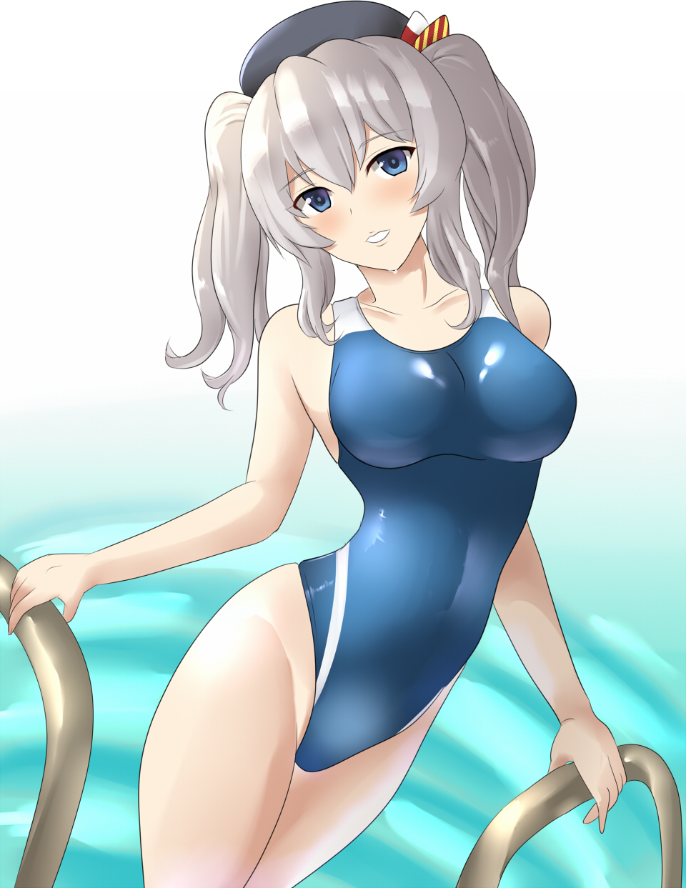 1girl beret black_headwear blue_eyes breasts competition_swimsuit cowboy_shot hat highleg highleg_swimsuit highres kantai_collection kashima_(kancolle) large_breasts looking_at_viewer one-piece_swimsuit pachio parted_lips sidelocks silver_hair solo swimsuit twintails wavy_hair