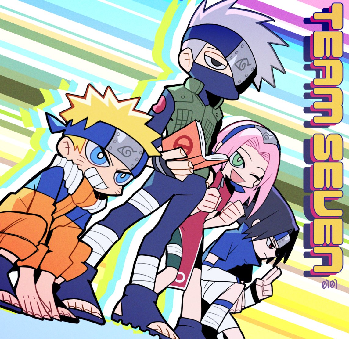 10birthday10 1girl 3boys black_hair blonde_hair fingerless_gloves forehead_protector gloves haruno_sakura hatake_kakashi headband konohagakure_symbol mask mouth_mask multiple_boys naruto naruto_(series) open_toe_shoes pink_hair silver_hair smile spiky_hair standing uchiha_sasuke uzumaki_naruto whisker_markings