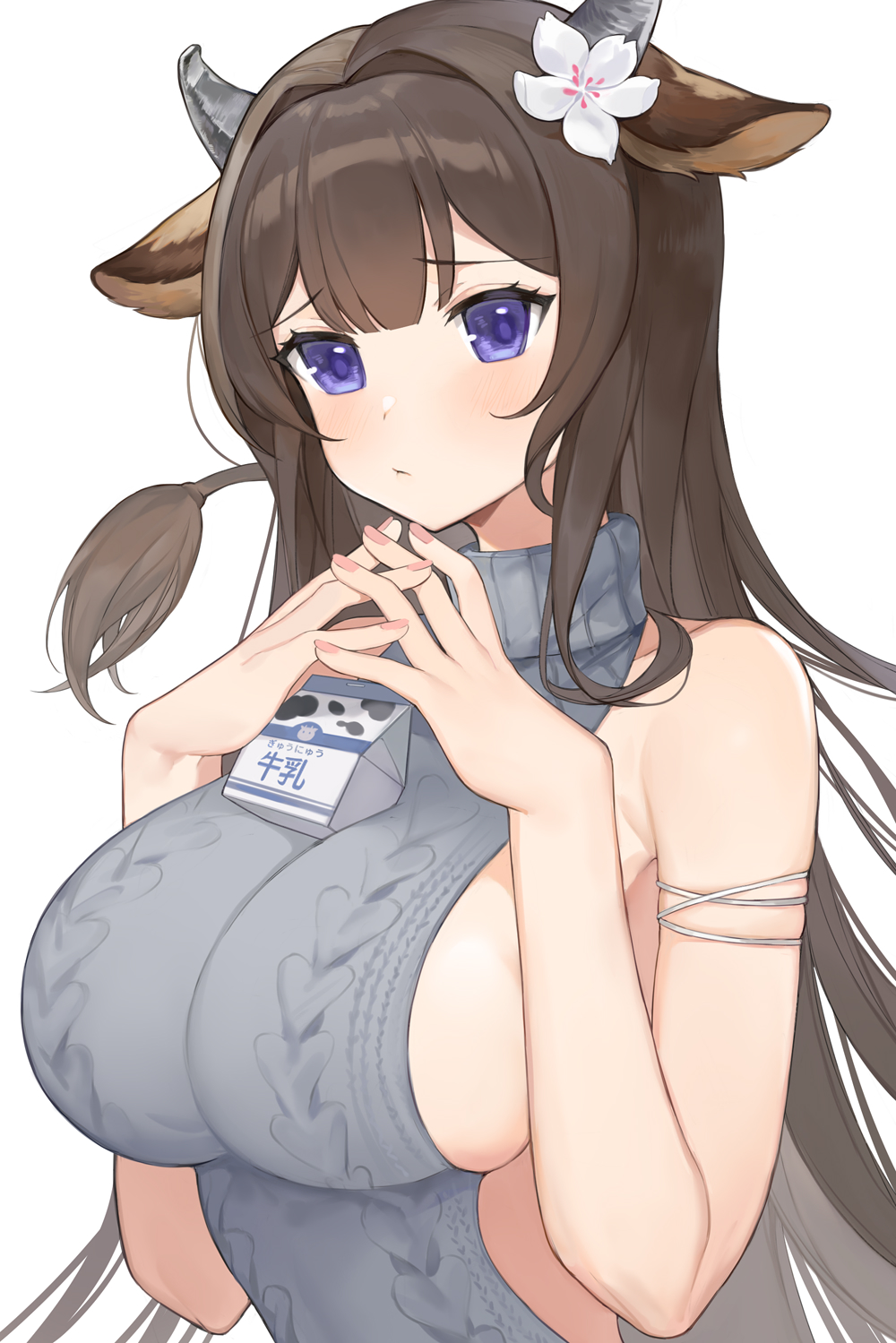 1girl animal_ears aran_sweater azur_lane bangs breasts brown_hair closed_eyes cow_ears cow_girl cow_horns cow_tail eyebrows_visible_through_hair flower grey_sweater hair_flower hair_ornament highres horns kashino_(azur_lane) large_breasts long_hair looking_at_viewer meme_attire nail_polish own_hands_together pink_nails sideboob simple_background skindentation sleeveless sleeveless_turtleneck solo sweater tail turtleneck upper_body very_long_hair violet_eyes virgin_killer_sweater white_background white_flower yayako_(804907150)