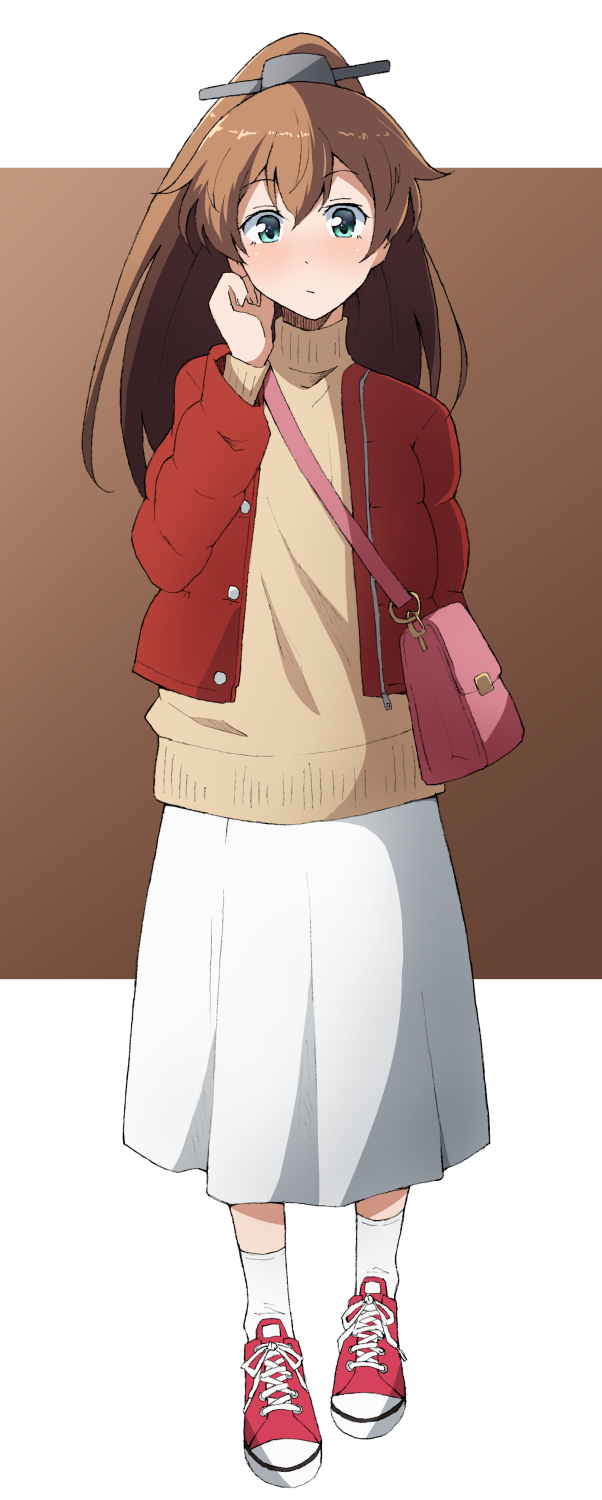 1girl alternate_costume bag bangs blue_eyes brown_sweater closed_mouth eyebrows_visible_through_hair full_body hair_between_eyes headgear highres jacket kantai_collection kumano_(kancolle) long_hair long_sleeves nel-c ponytail red_footwear red_jacket shoes shoulder_bag simple_background skirt sneakers socks solo standing sweater turtleneck turtleneck_sweater two-tone_background white_legwear white_skirt