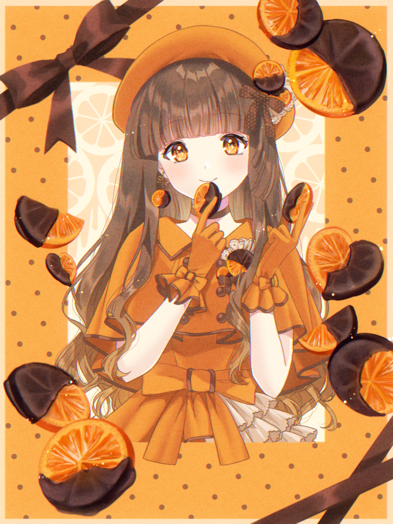 1girl arms_up bangs beret blunt_bangs border brown_choker brown_hair chocolate choker commentary eyebrows_visible_through_hair food food_themed_hair_ornament frilled_skirt frills fruit fruit_background gloves hair_ornament hat head_tilt holding holding_food holding_fruit konpeito1025 light_blush long_hair looking_at_viewer orange orange_border orange_capelet orange_eyes orange_gloves orange_hair_ornament orange_headwear orange_shirt orange_slice orange_theme original polka_dot_border ribbon shirt skirt smile solo valentine very_long_hair white_skirt